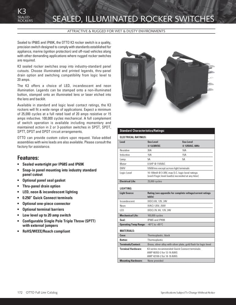 OTTO K3 Sealed Illuminated Rocker Switch Range with Legends