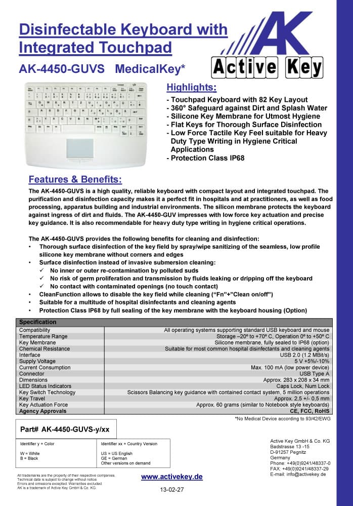 Active Key AK-4450GUV Disinfectable Keyboard with Integrated Touchpad