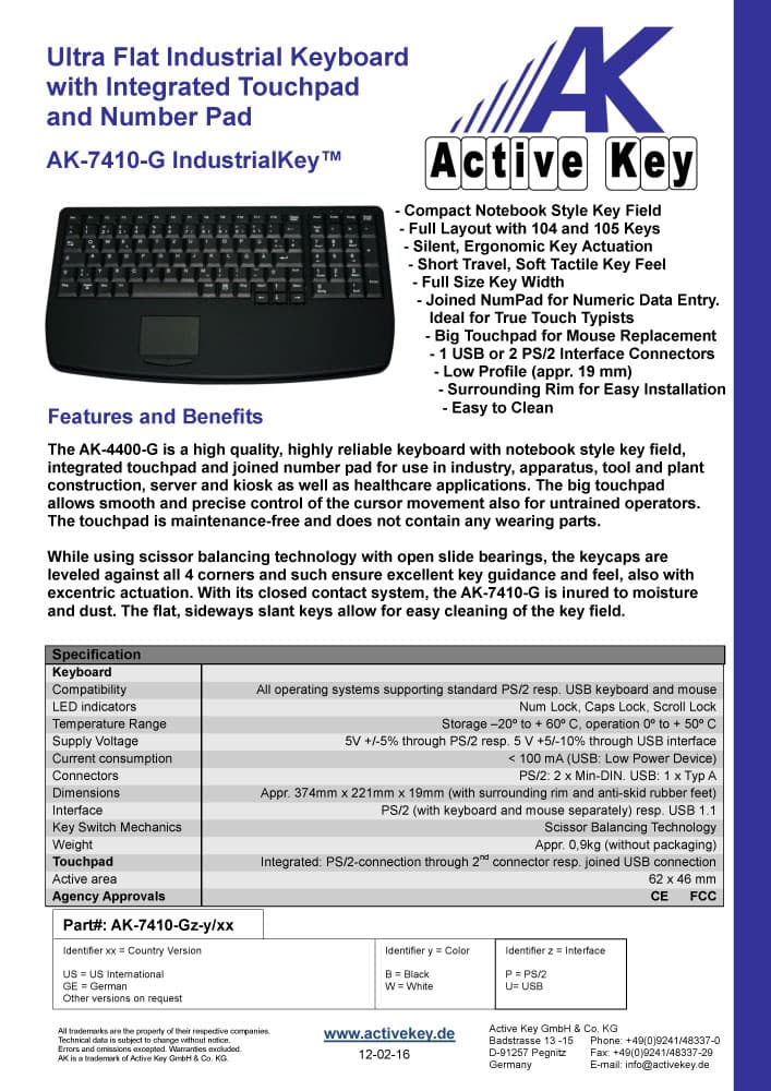 Active Key AK-7410-G Ultra Flat Industrial Keyboard with Integrated Touchpad and Number Pad