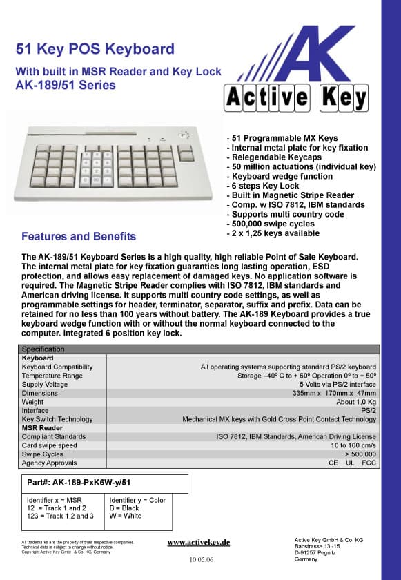Active Key AK-189 51 Key POS Keyboard with MSR Reader