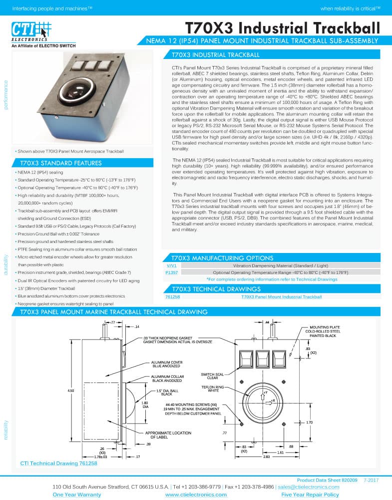 CTI Panel Mount Industrial Trackballs - T70X3 Series