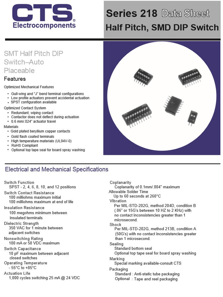 CTS Half Pitch Dip Switch 218 Series